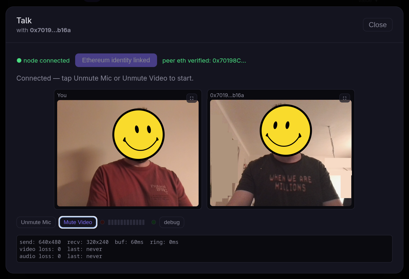 lcdp peer-to-peer video call with 0x7019…b16a — node connected, Ethereum identity linked, peer eth verified, 640x480 send / 320x240 recv, zero loss